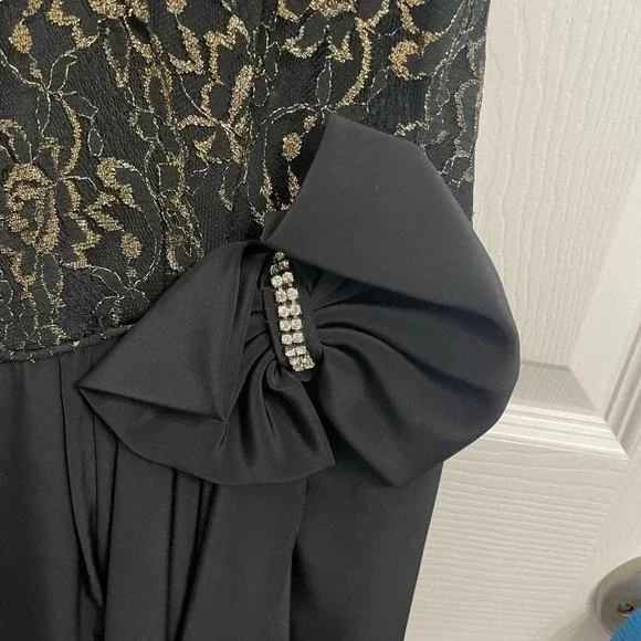 Vintage Unbranded Black Gold Lace Formal Party Dress 80s Prom 32 In Waist 8-10 - Picture 2 of 5